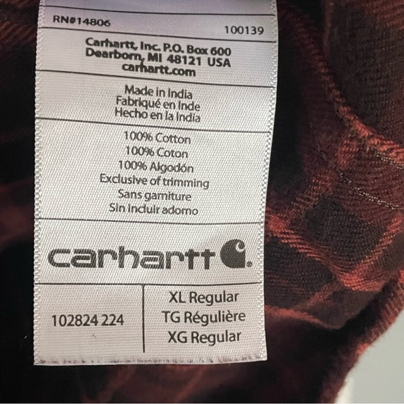 Carhartt Men's Relaxed Fit XL Red Plaid Button Down Shirt Pocket Logo 14806 - Picture 5 of 8